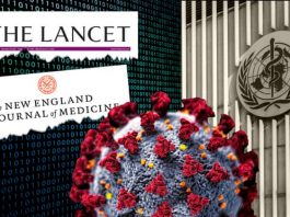 COVID-19 virus model with Lancet and England Medical Journal headlines.