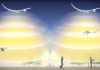 The Health Effects of Non-Ionising Radiation (NIR): RF Emissions from Mobile Phone Networks, Wi-Fi, and the Rollout of 5G Person observing large, illuminated, layered structures under a night sky.