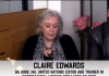 The COVID-19 Genocide of 2020./ By Claire Edwards A woman with gray hair sitting, wearing a patterned scarf, with a bouquet of pink flowers behind her.