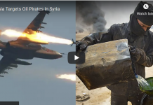 Russia targets Oil Pirates In Syria/ By Richard Medhurst A fighter jet firing missiles and a soldier holding a shield in a conflict zone.