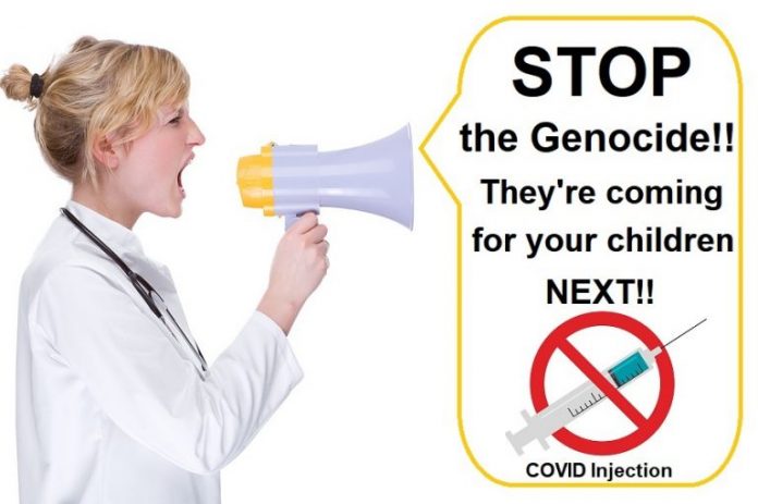 Woman shouting into a megaphone at an anti-genocide sign.