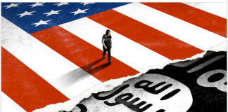 ‘ISIS Airforce’ Bombs Syria, Committing Supreme International Crimes As Policy/ By Janice Kortkamp and Basma Qaddour A soldier stands on a U.S. flag shadowed by an ISIS flag.