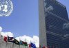 UN General Assembly demands Israeli occupation full withdraw from occupied Syrian Golan/ By Ruaa al-Jazaeri The United Nations headquarters with various national flags flying in front.
