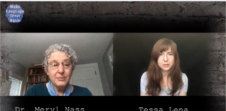 Tessa Lena Talks to Dr. Meryl Nass on Make Language Great Again Two women in a virtual interview setting, labeled Syl Nass and Tessa L.