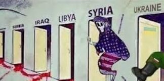 In the Donbass, the Fuse Is Lit/ By Manlio Dinucci, February 16, 2022 Cartoon depicting US involvement in Libya, Syria, and Iraq with bloodshed.