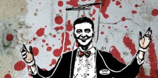 Ukraine: The US and NATO Created this Mess/ By Hamilton Coalition to Stop the War Street art of a puppet-like figure with blood splatters in the background.