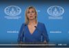 Maria Zakharova, Spokeswoman for Ministry of Foreign Affairs of Russian Federation, on Prisoners of War and Kiev violations of Geneva Conventions A woman delivering an official statement at a podium with a blue backdrop.