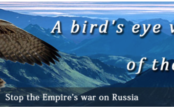 LPR and DPR Repatriate Ukraine’s War Victims (graphic!)/ By George Eliason A bird flies over mountainous terrain with text about a war on Russia.