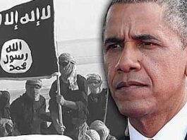 Barack Obama with an ISIS militant background contrast.