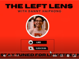A YouTube thumbnail for 'The Left Lens with Danny Haiphong' with a vibrant red background.