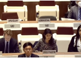Delegates seated in a conference hall with nameplates of countries.