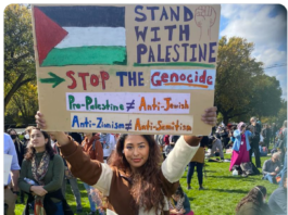 A young protester holds a colorful sign advocating against genocide in Palestine.