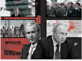 Collage featuring George W. Bush and Vladimir Putin with maps and text about imperialism.