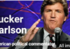 COVID Jab Mortalities Tucker Carlson speaking on stage with a microphone.