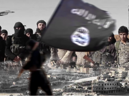 Masked militants waving a black flag amid urban destruction.