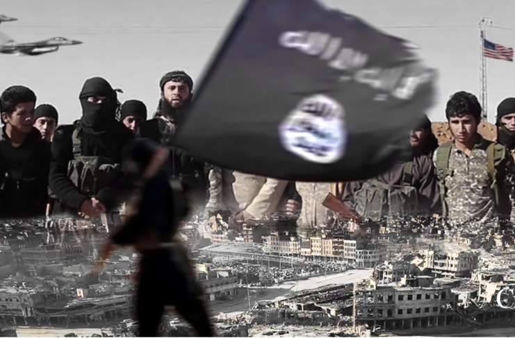 Masked militants waving a black flag amid urban destruction.