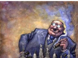 A caricature of a wealthy man playing chess with pieces resembling buildings.
