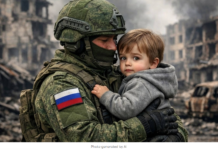 The special military operation signals the end of the “vampires’ ball” conducted in Ukraine by the elites exposed in the Epstein files/by Christelle Néant – Кристель Нэан Soldier cradling child amid war-torn urban ruins