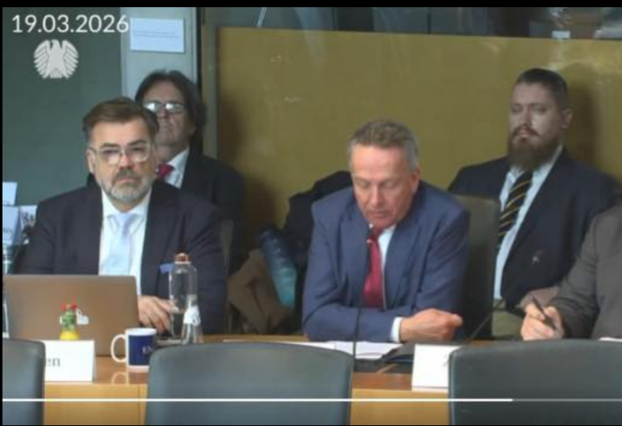 Committee members in suits at parliamentary hearing