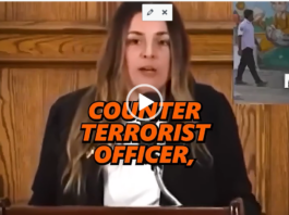 Woman speaking at podium with orange text